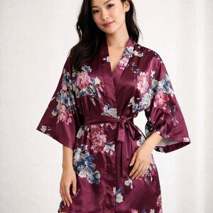 Burgundy Floral Satin Kimono Robe – Silky Wrap, Lightweight Lounge Wear